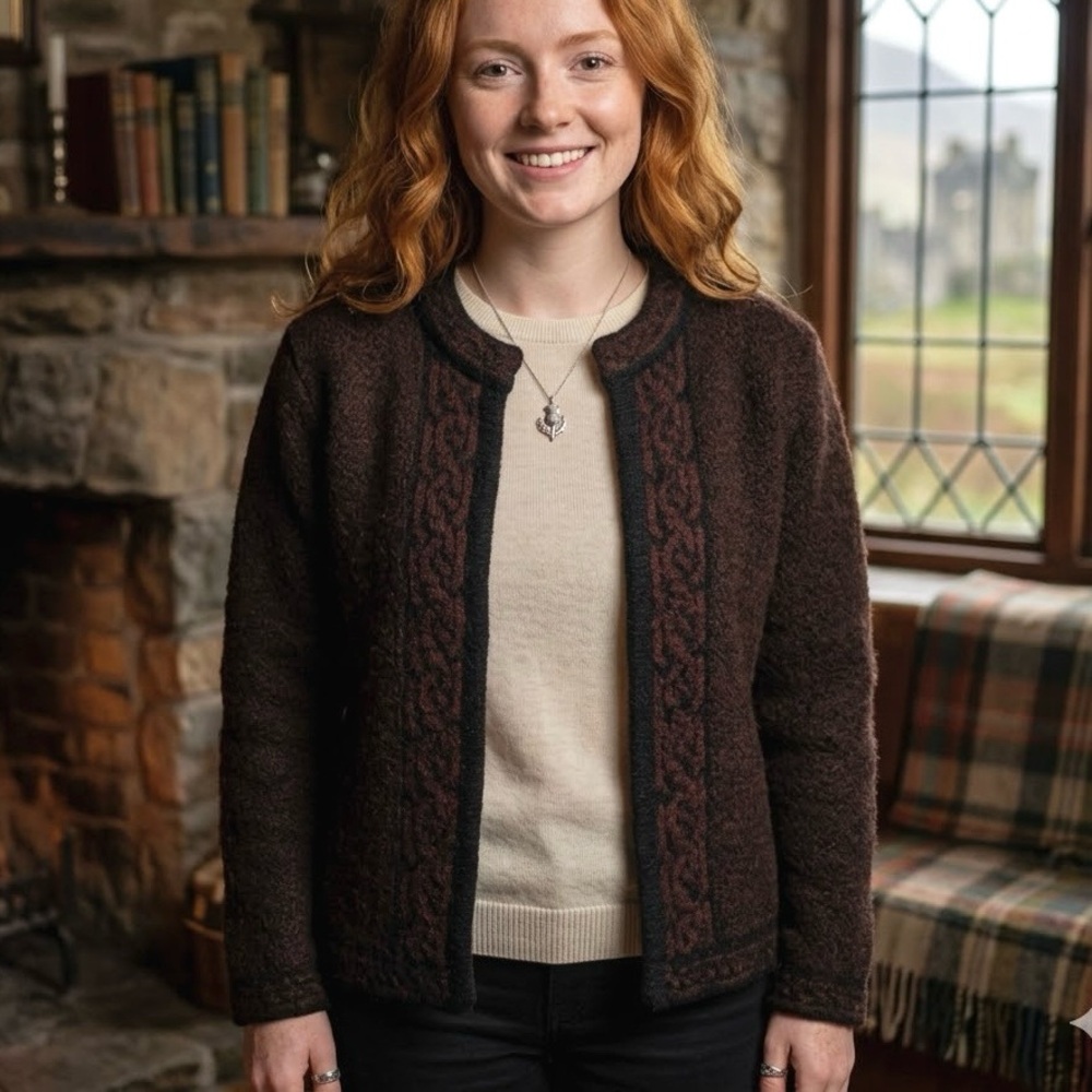 Harley of Scotland Celtic Merino Knit Wool Cardigan Chocolate Brown Heritage